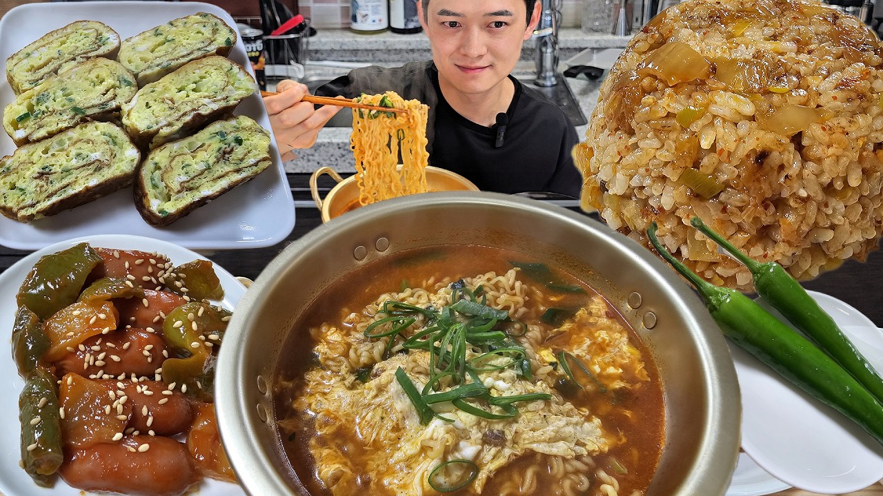 분식집라면+김치볶음밥+계란말이 집밥 먹방 | Korean Food Mukbang | Kimchi Fried Rice, Ramen, Rolled Omelette