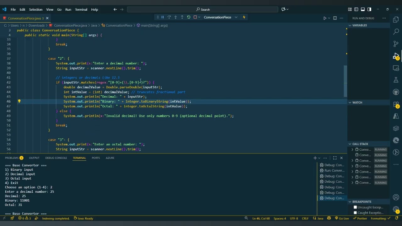 Converting in Java from Decimal, binary and Octal