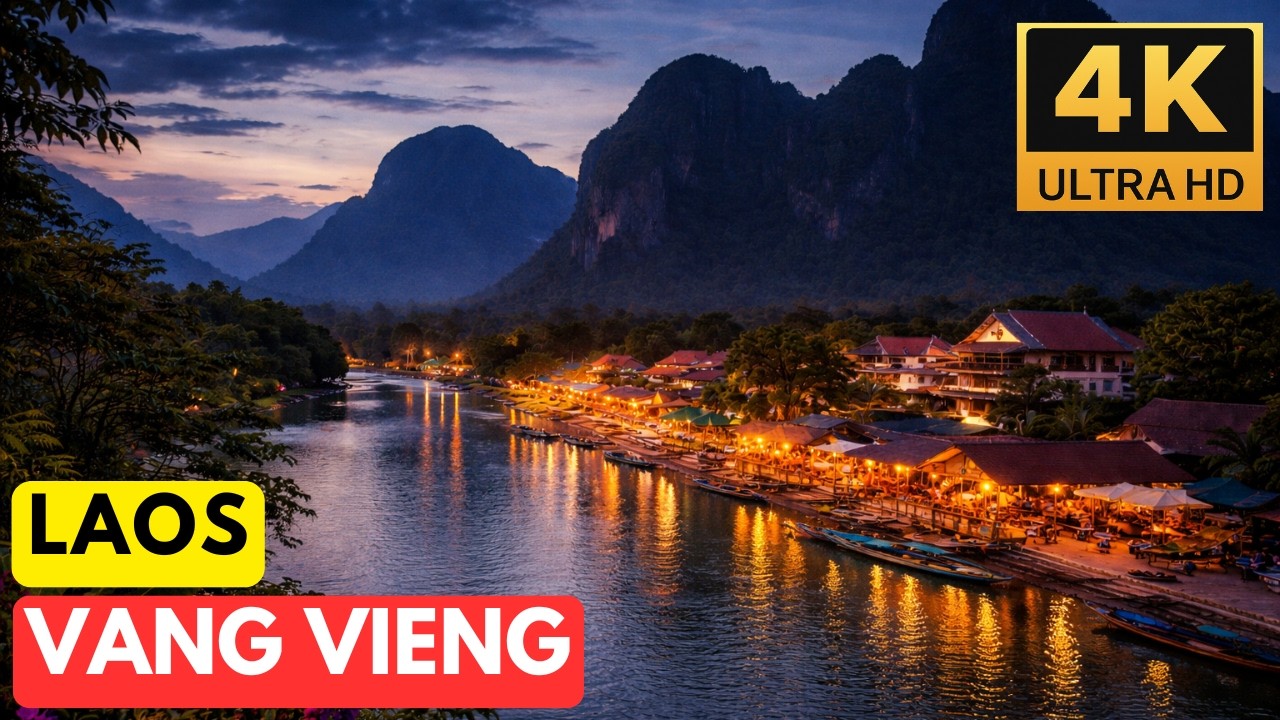 Vang Vieng, Laos after Dark Walking Tour [4K, no commentary]