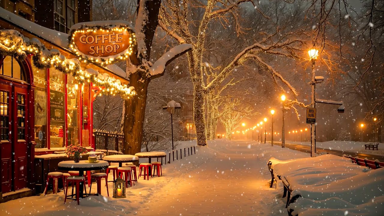 Cozy Winter Night Jazz ☕ Relaxing Jazz Music at a Snowy Outdoor Coffee Shop for a Positive Mood ☃️