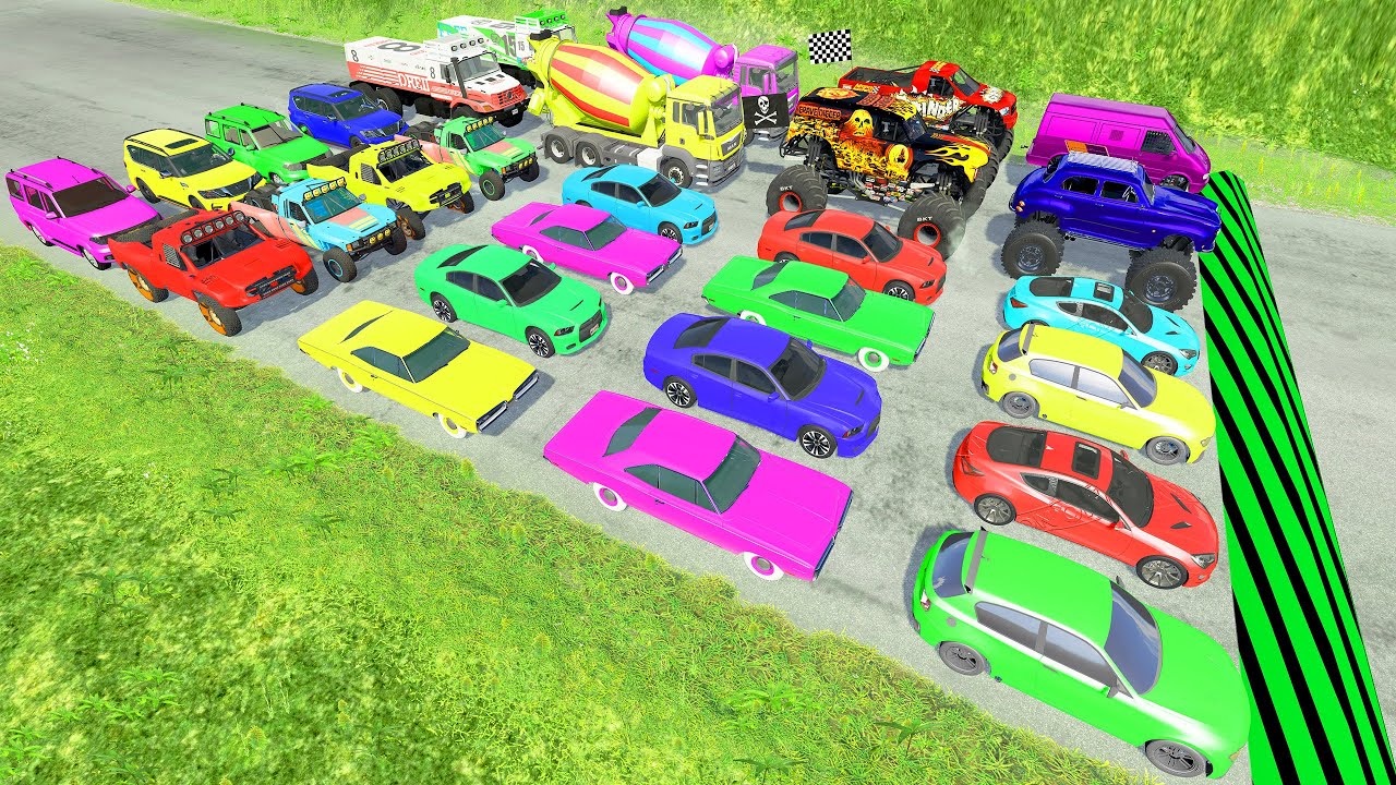 HT Gameplay Crash # 495 | Monster Trucks vs Color Speed Bumps and Big & Small Cars vs Giant Lava Pit