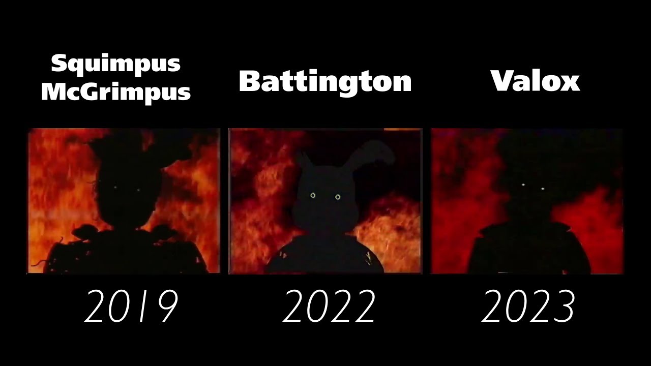 FNAF VHS Side-by-Side: Nonexistent Video - Squimpus McGrimpus ('19)/Battington ('22)/Valox ('23)