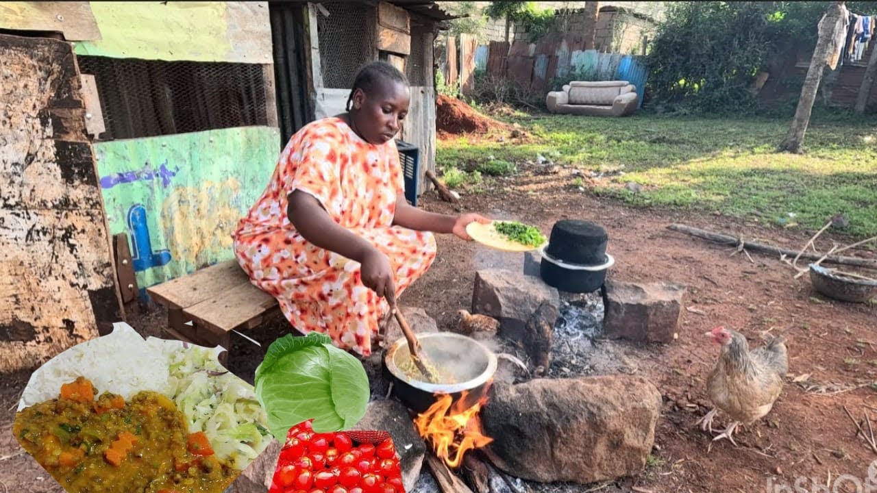 Traditional African Village Cooking | Greens Grams and Veggies Rice 