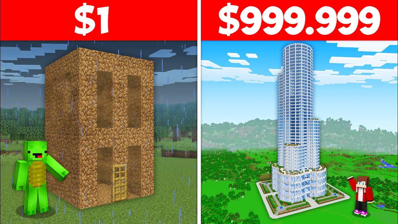 JJ and Mikey $1 vs $99999 BUILD CHALLENGE Skyscraper in Minecraft - Maizen