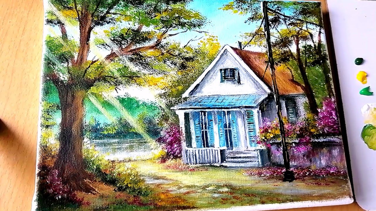 Acrylic Painting / House and Lake on canvas / Landscape Scenery #art #drawing #tutorial #diy #how