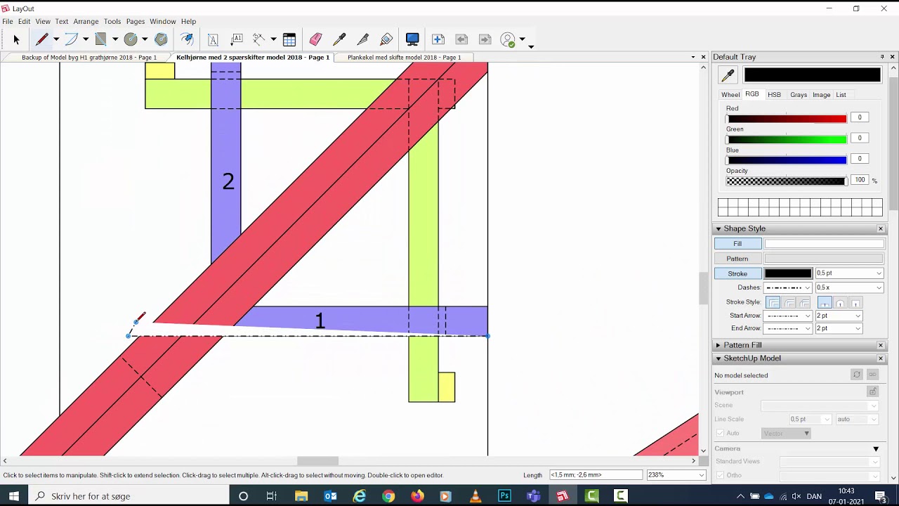 Oversmig i sketchup layout ved grat - kel - plankekel