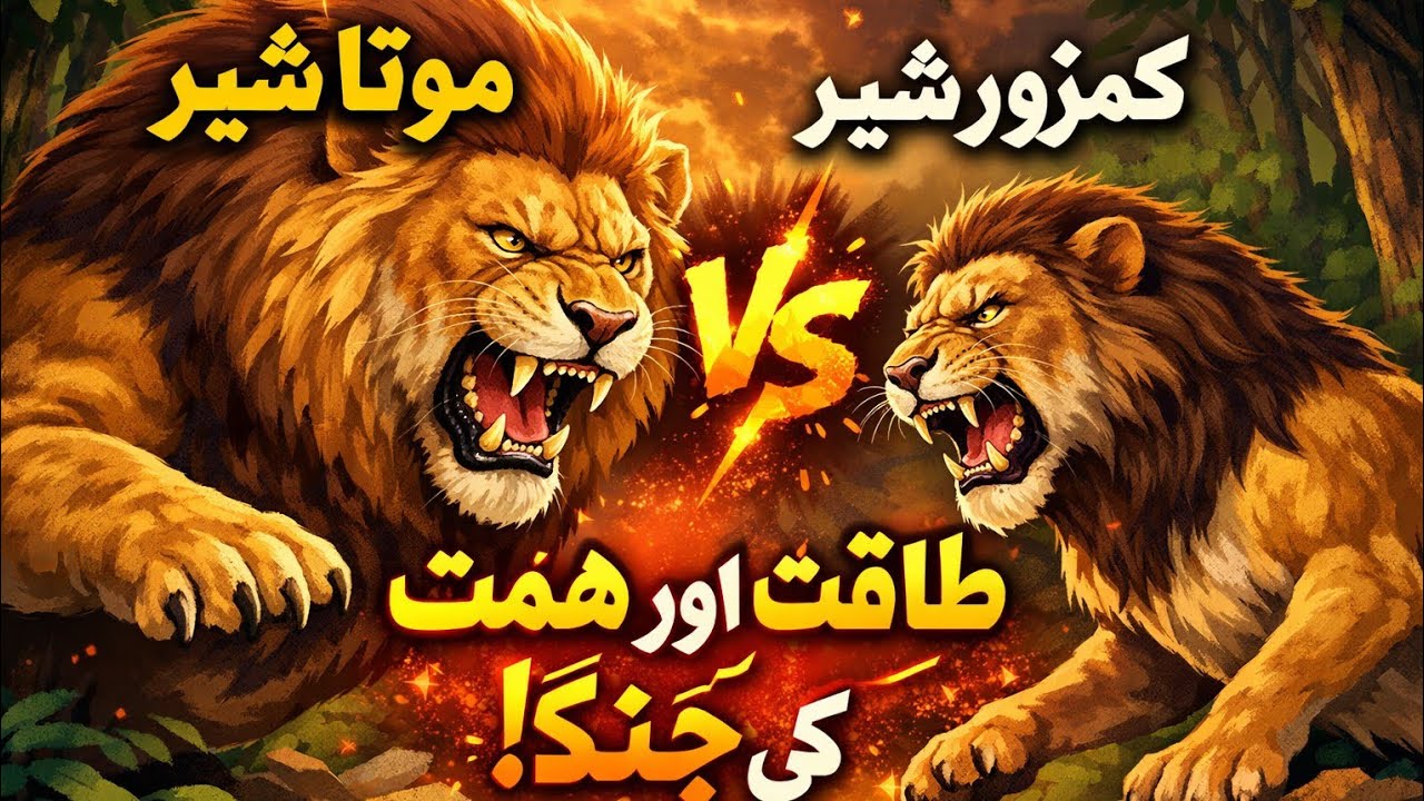 موٹا شیر اور کمزور شیر: مقابلے کی انوکھی کہانیطاقت بمقابلہ ہمت: جنگل کے دو شیروں کا امتحا