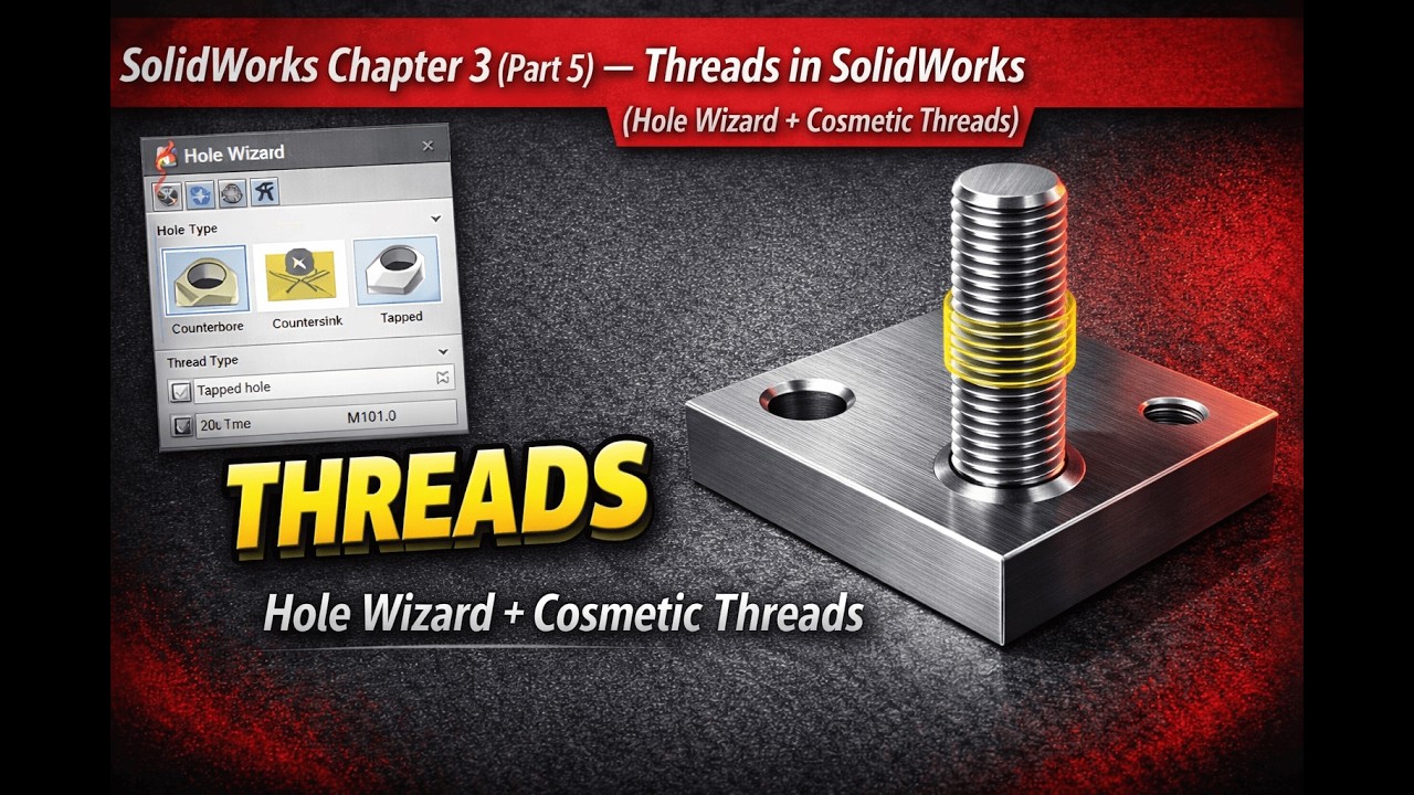 SolidWorks Chapter 3 (Part 5) — Threads in SolidWorks (Hole Wizard + Cosmetic Threads)