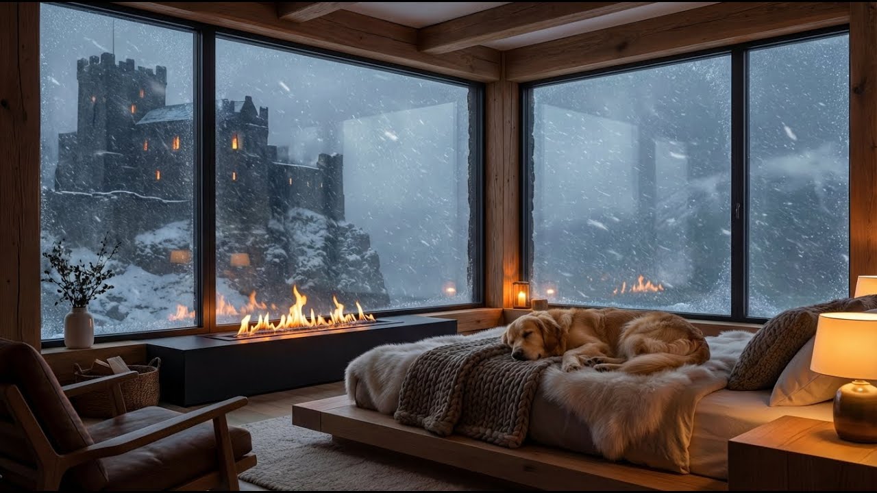 4K 2 HOURS Cozy Snowstorm Castle Ambience | Sleeping Dog, Fireplace & Winter Blizzard | Sleep /Relax