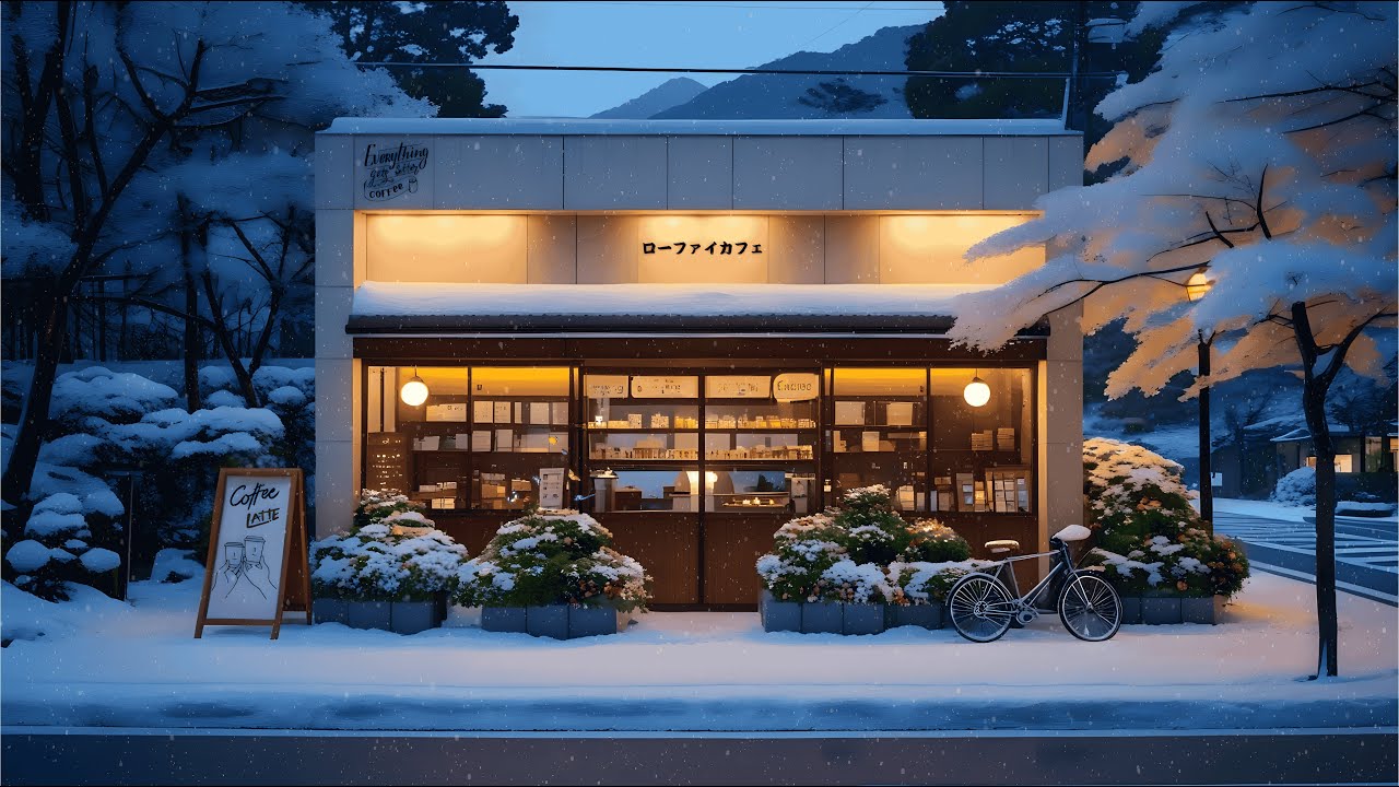 Soft Snowfall Outside a Winter Coffee Spot ❄️ Calm Lofi Music for Focus, Study & Peaceful Night Work