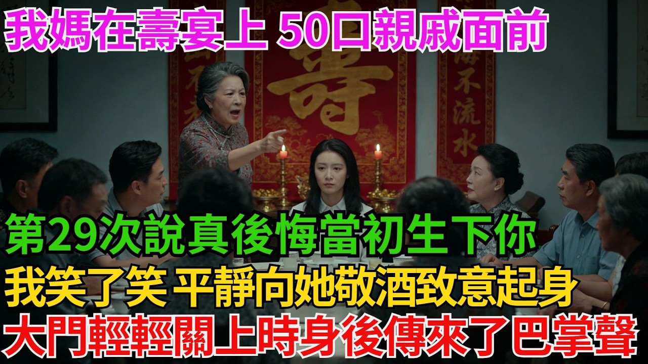 我媽在壽宴上 50口親戚面前第29次說真後悔當初生下你怎麼沒把你扔尿盆裡溺死！我笑了笑 平靜向她敬酒致意起身離席 大門輕輕關上時身後傳來了巴掌聲 全場死寂【阿馨夜讀】#故事分享#情感#婆媳矛盾#AA制