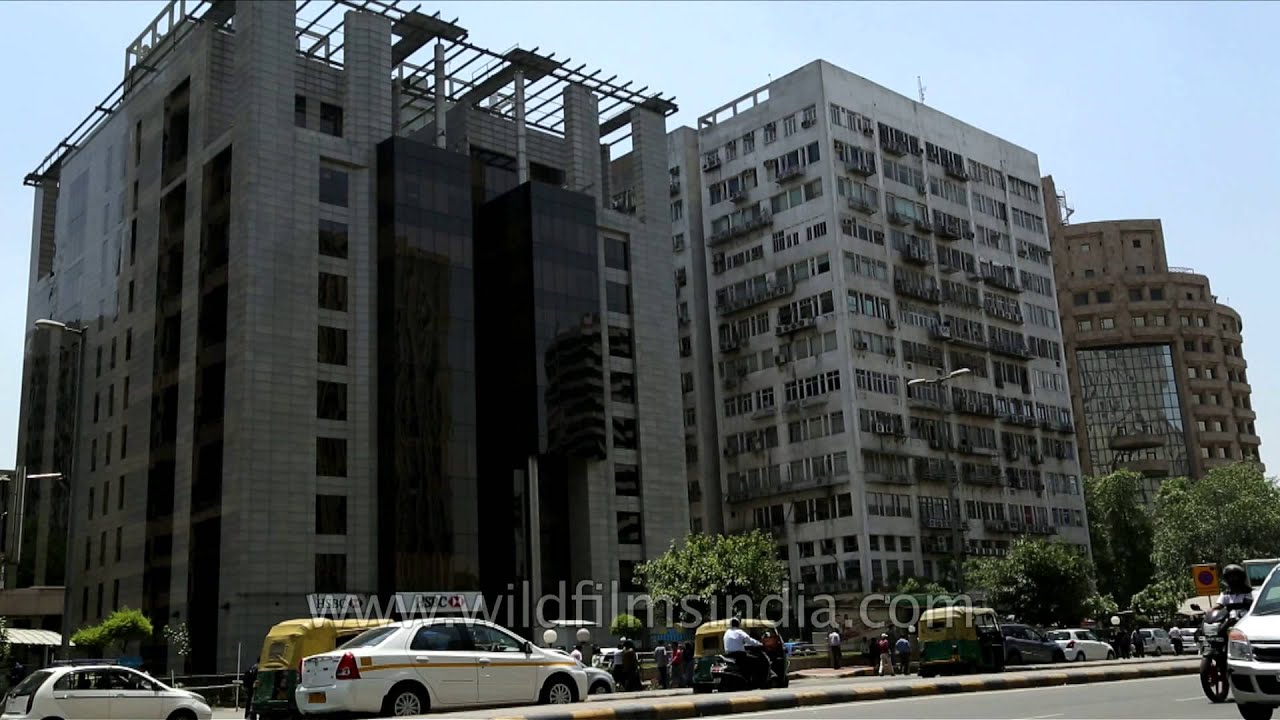 Connaught Place establishing shot of New Delhi office buildings