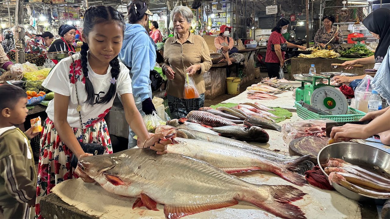 Market show : Chef pich buy big river fish and some ingredients for cooking - Cooking with Sreypich
