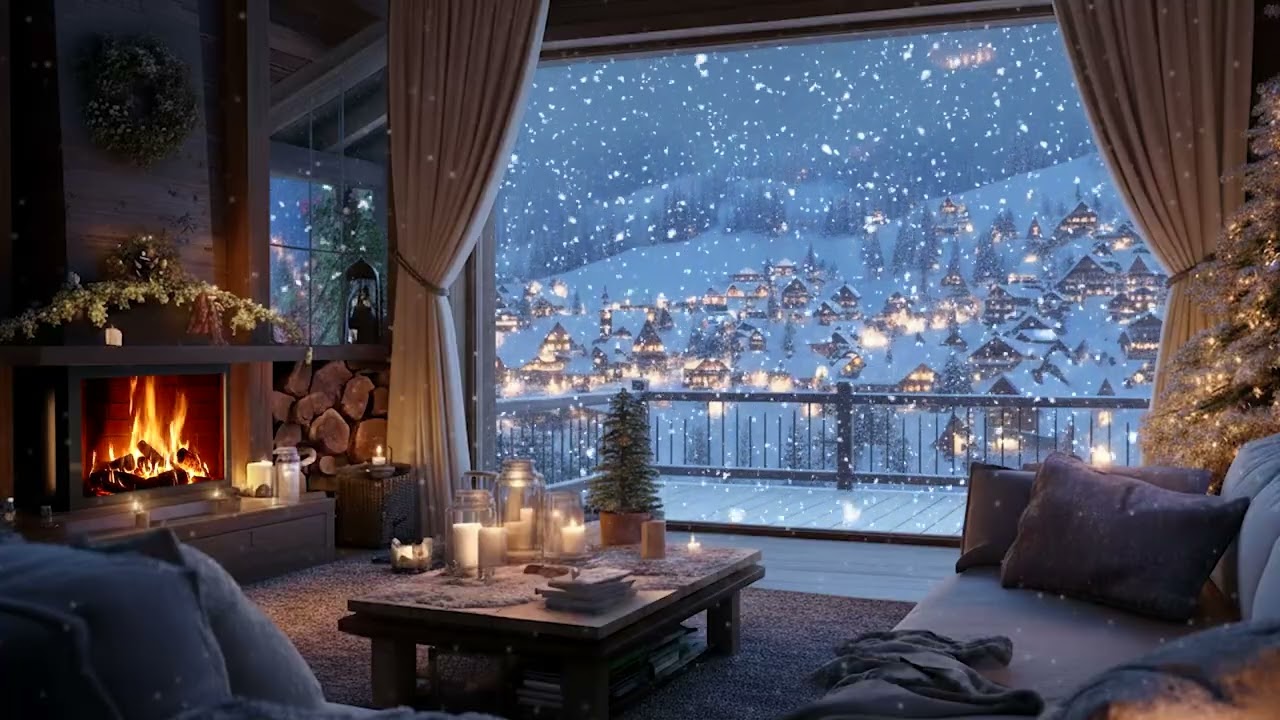 Serene Winter Cabin Piano Night Mood | Firelight and Gentle Snow