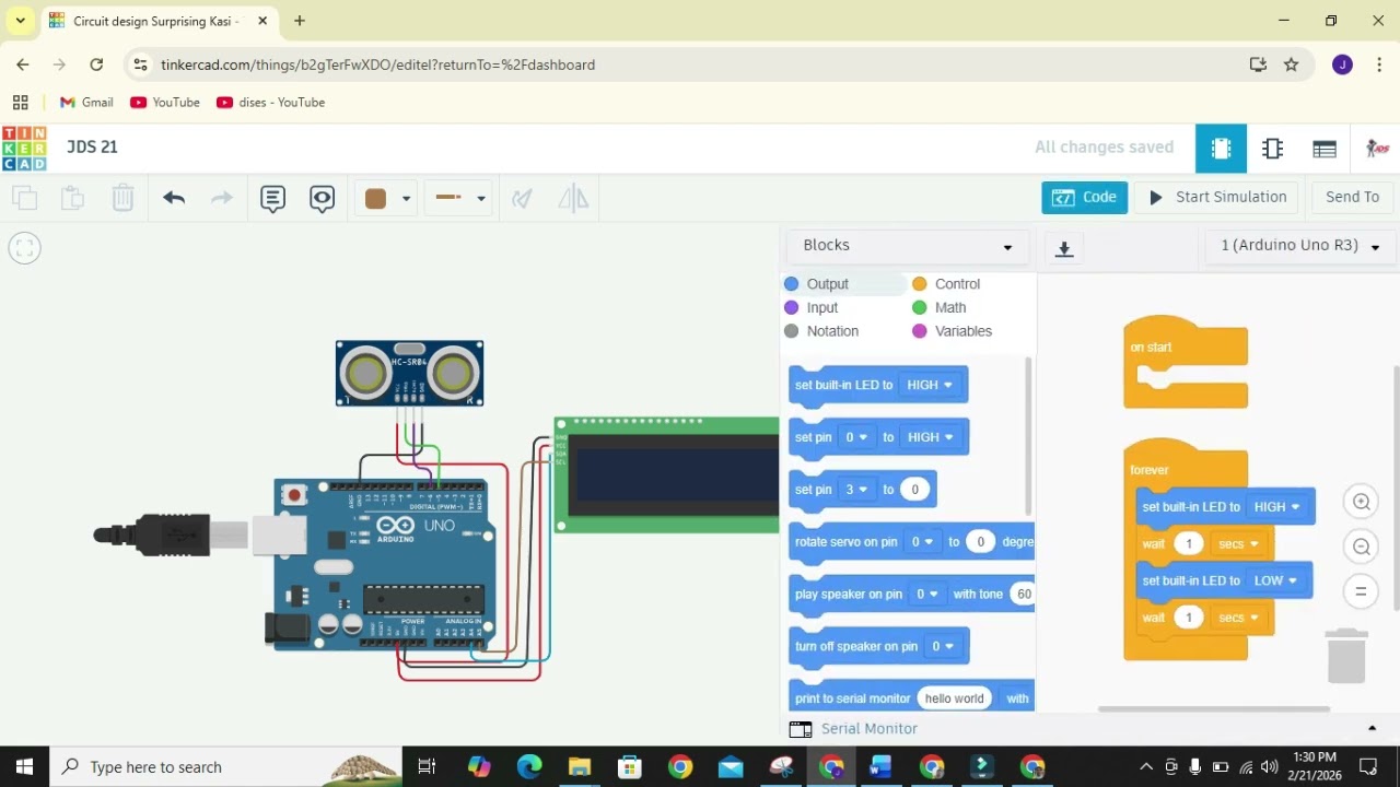 #14 Ultrasonic distance measurement in LCD in  Tinkercad | Arduino project