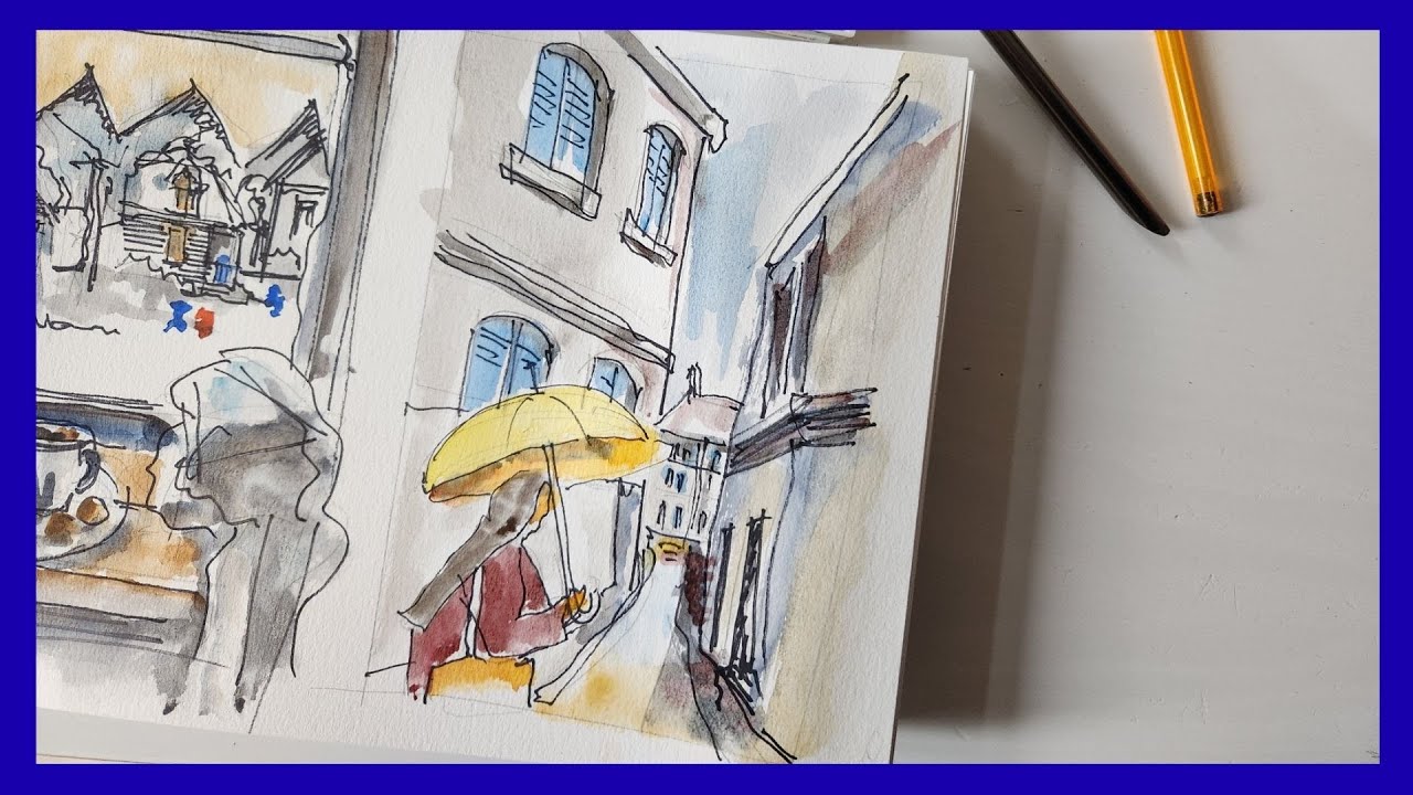 Croquis aquarelle: un dessin de rue un jour de pluie