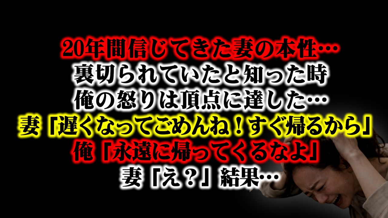 【離婚】20年間信じてきた妻の本性…裏切られていたと知った時…俺の怒りは頂点に達し理性は完全に崩壊した→妻「遅くなってごめんね！すぐ帰るから」俺「永遠に帰ってくるなよ」妻「え？」結果…【シタ妻】