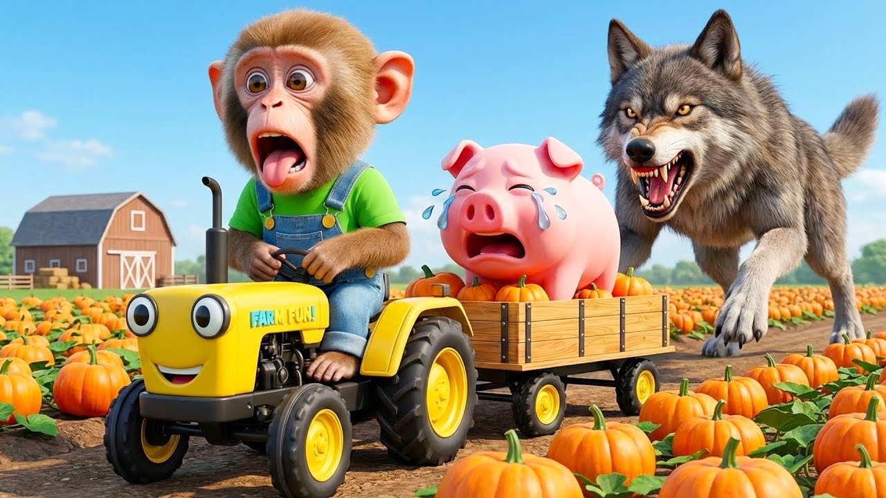 Baby Monkey Saves Pig🐷From Ferocious Wolf🐺Helps Build Wooden House + Harvest Pumpkins 🎃| Farm Fun