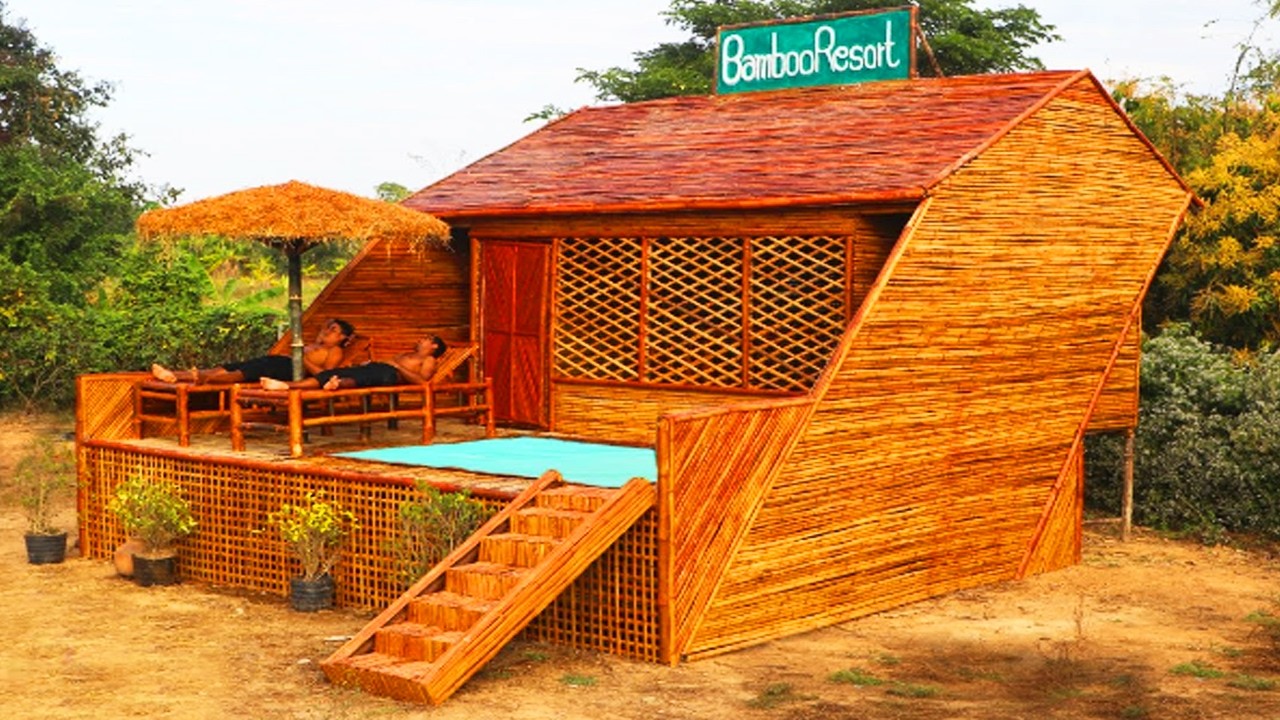 38Days Basic construction tips: Building a luxurious bamboo Wood house With swimming pool [Full]