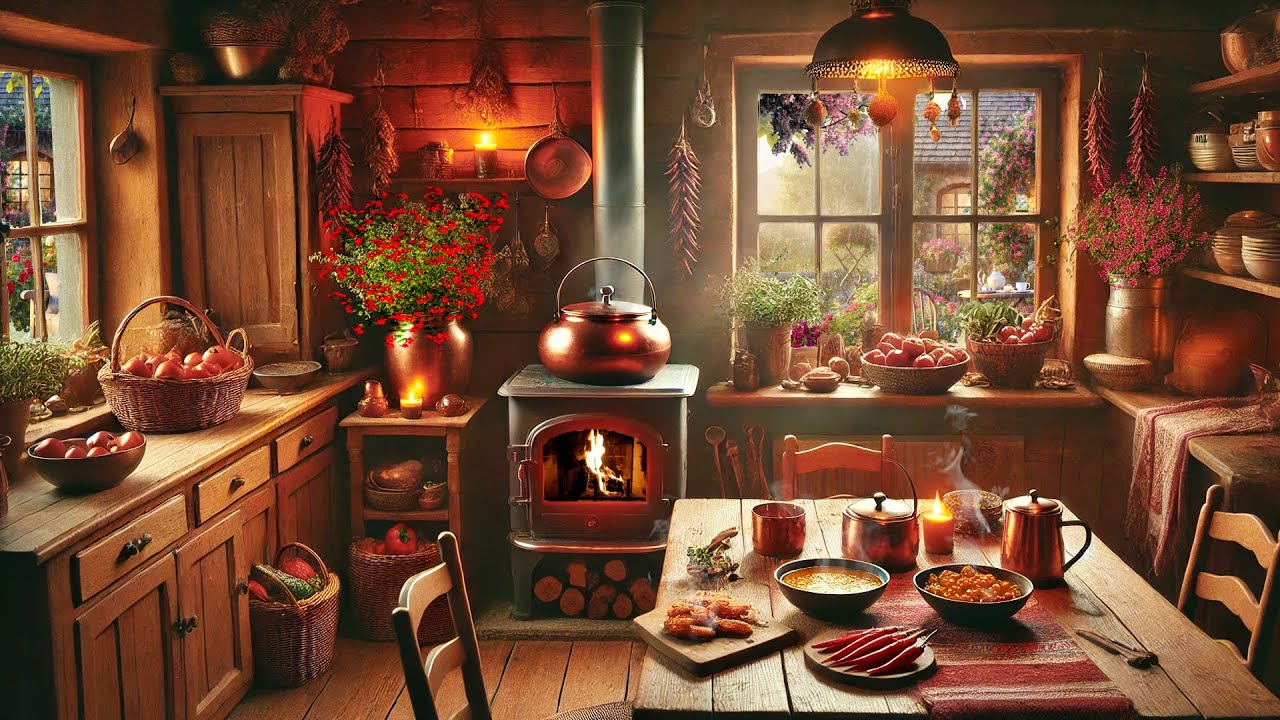 Cozy Kitchen Ambience - Cooking on a Rainy Day with Rain Thunderstorm and Fireplace Sounds