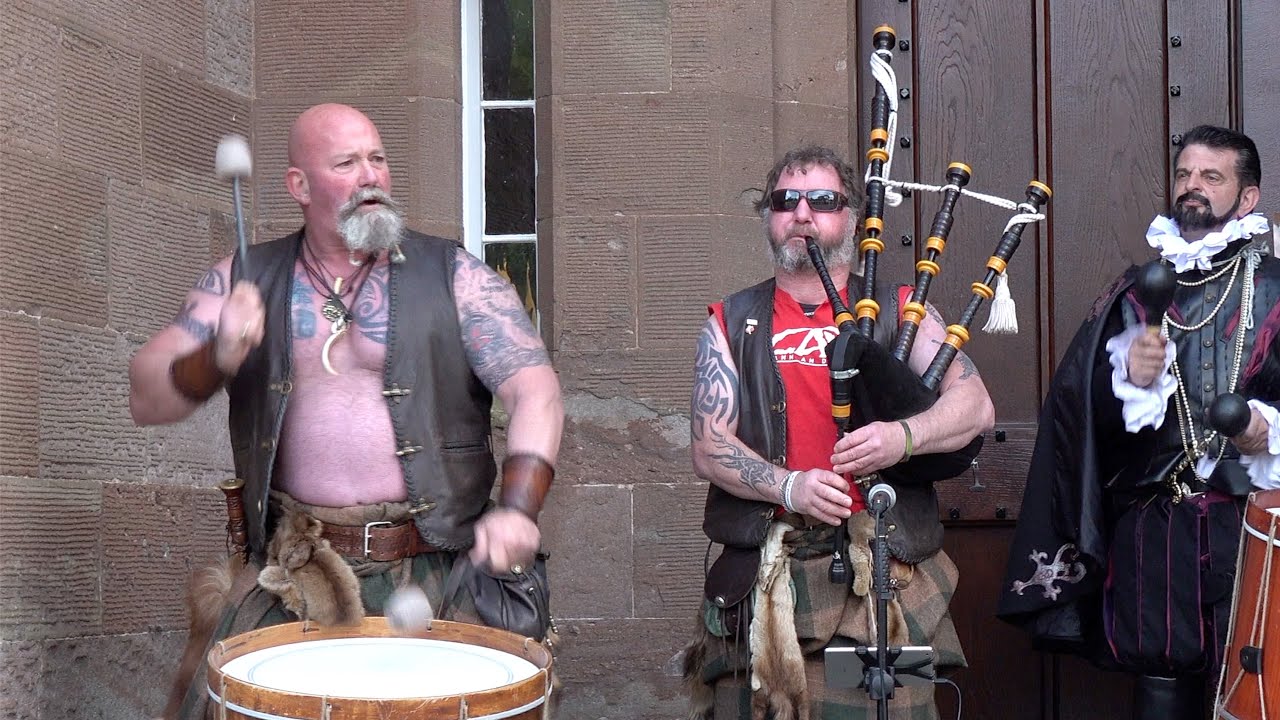 Tribal pipes and drums from Scottish band Clann An Drumma at Scone Palace with help from Blackadder