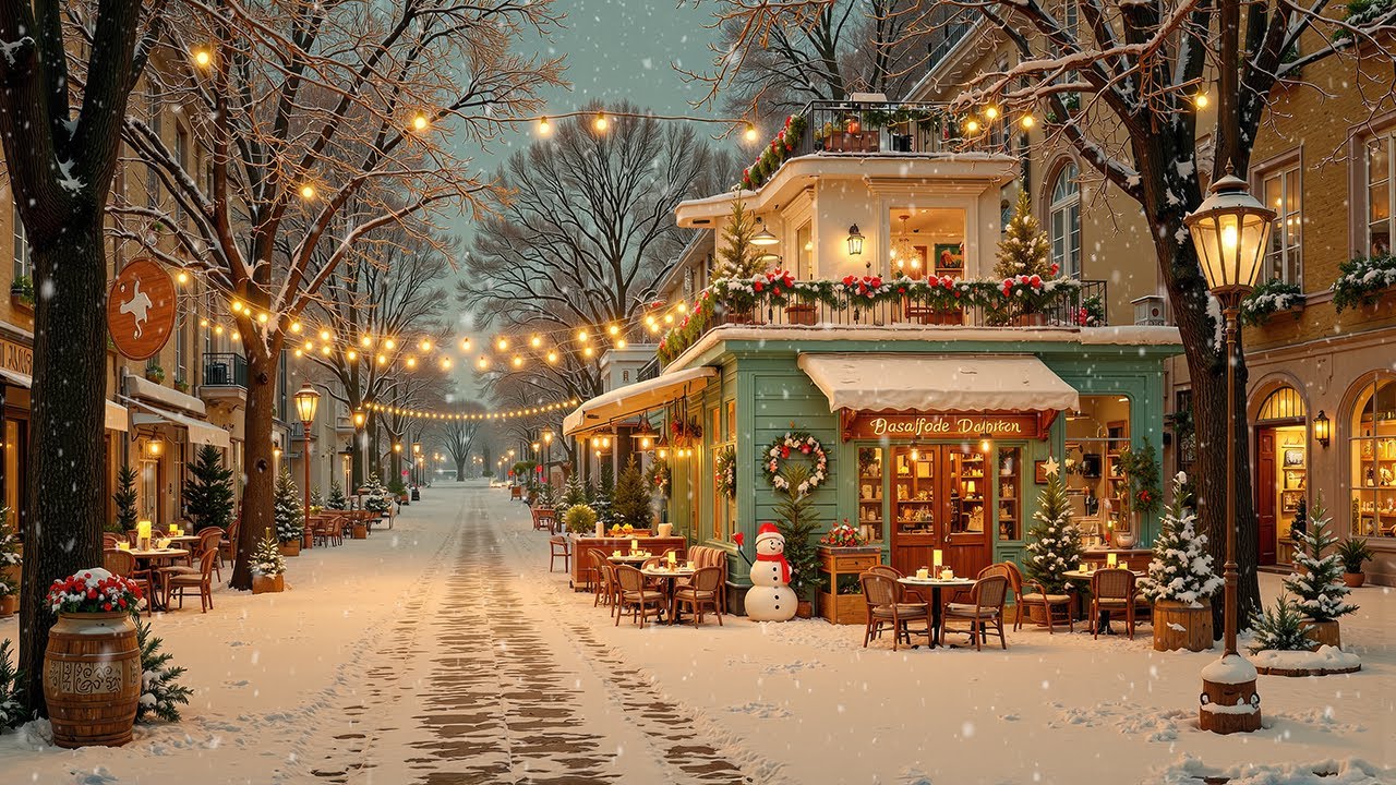 Gentle Winter Jazz in a Charming Café Street ❄️ Snowfall, Warm Lights & Calm Ambience