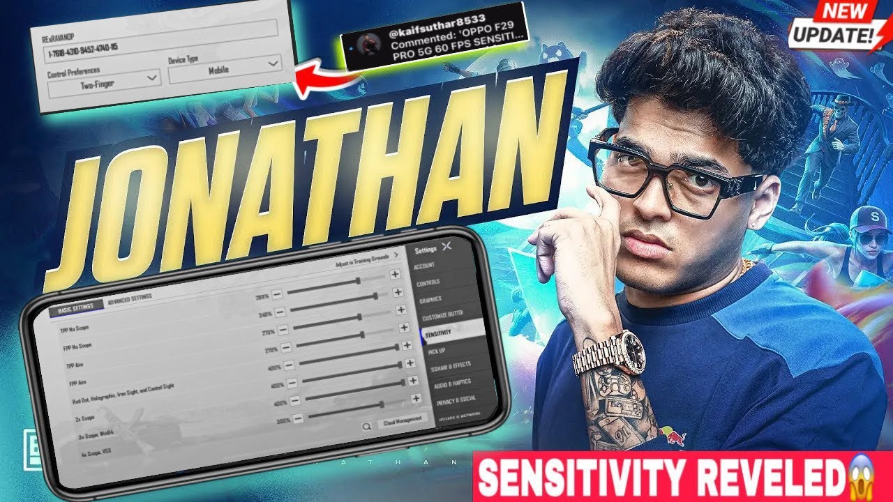 Jonathan Gaming Sensitivity code 🔥|  Zero Recoil BGMI 4.3 Update Settings Android/iOS