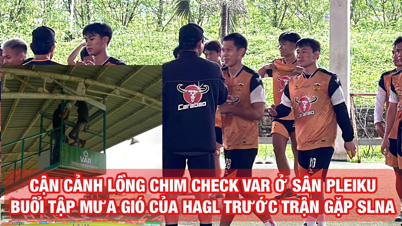 Cận cảnh lồng chim phục vụ VAR đặc biệt trên sân Pleiku, HLV Vũ Tiến Thành cho HAGL tập chay vì mưa