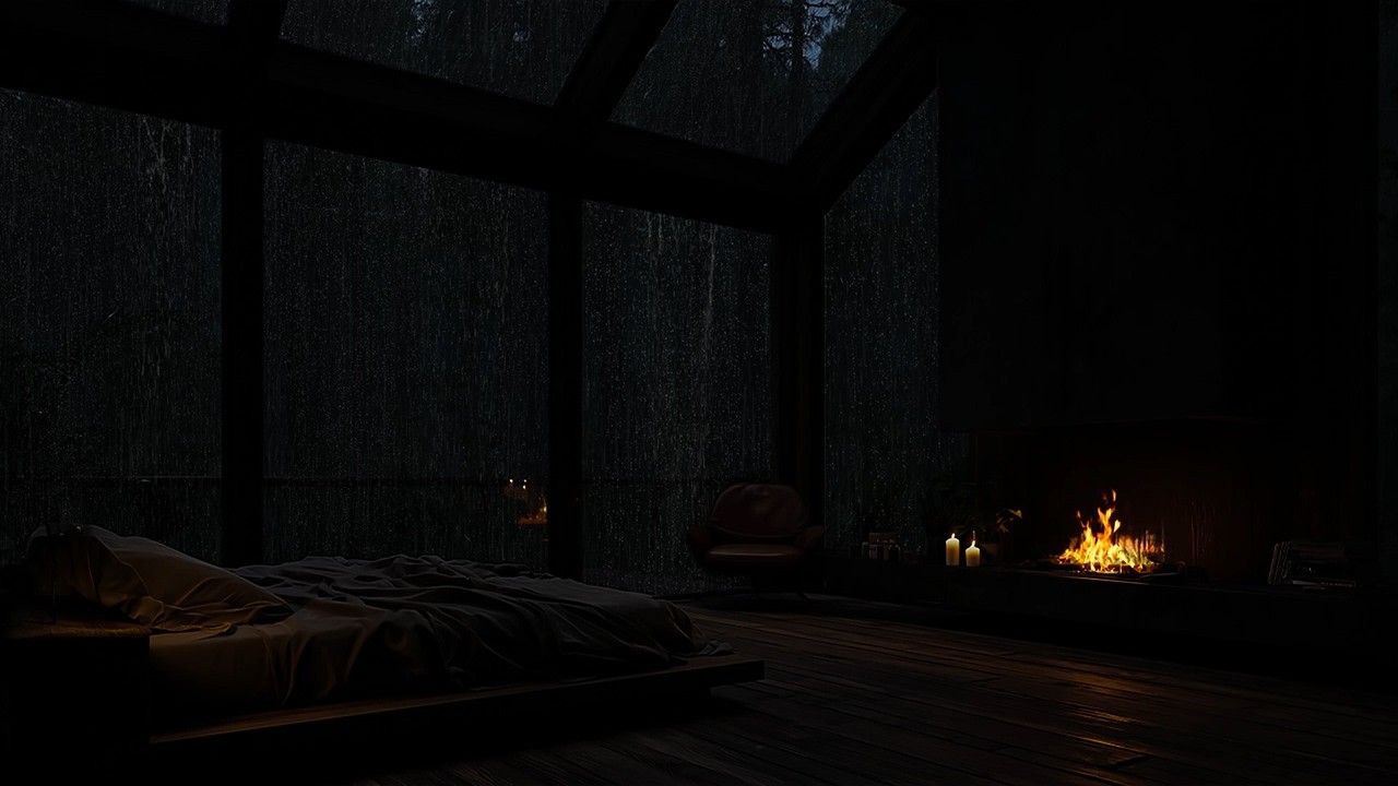 Soothing Thunder and Fire 🌩️🔥 – Rainy Night Calm with Crackling Fireplace ASMR Serenity
