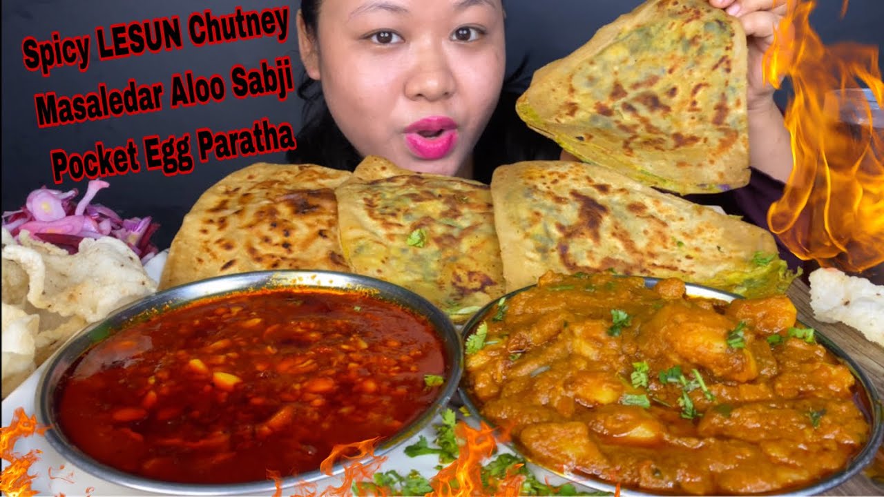 SPICY RAJASTHANI LESUN KI CHUTNEY, POCKET EGG PARATHA, MASALA ALOO KI SABJI, SALAD & PAPAD MUKBANG