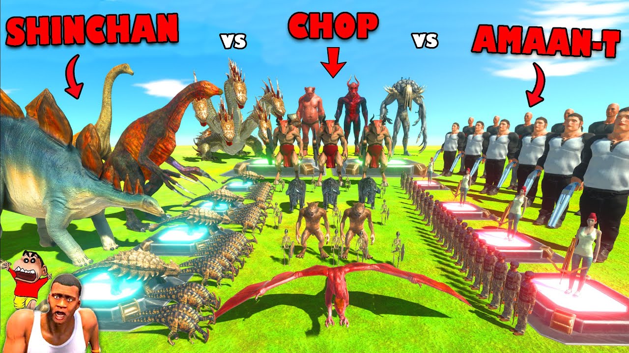 1800 units BATTLE | SHINCHAN vs CHOP vs AMAAN-T in Animal Revolt Battle Simulator