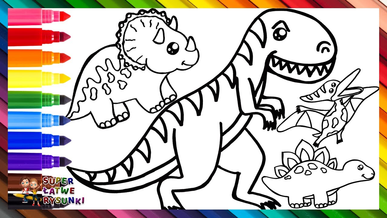 Rysuj i Koloruj 5 Dinozaurów 🦖🦕🌋 T REX i więcej 🌈 Rysunki dla Dzieci