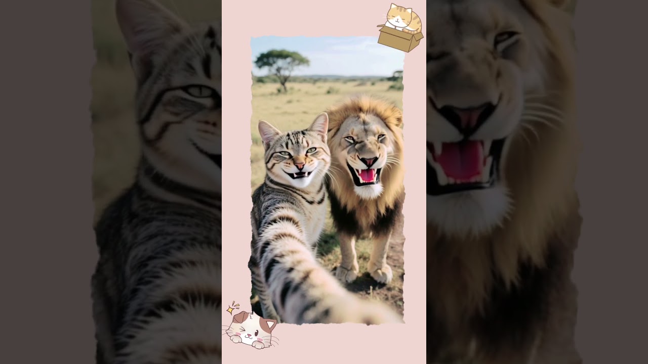 selfie selfie cat and Lion #kidscn #funnyvideo #cat #lion #selfie