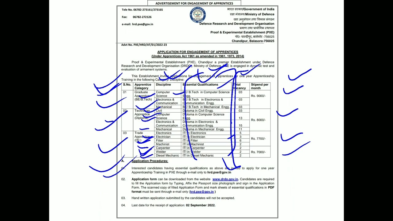 DRDO Application For Engagement Of Apprentices In PXE, Balasore Detailed Notf. Link In Description