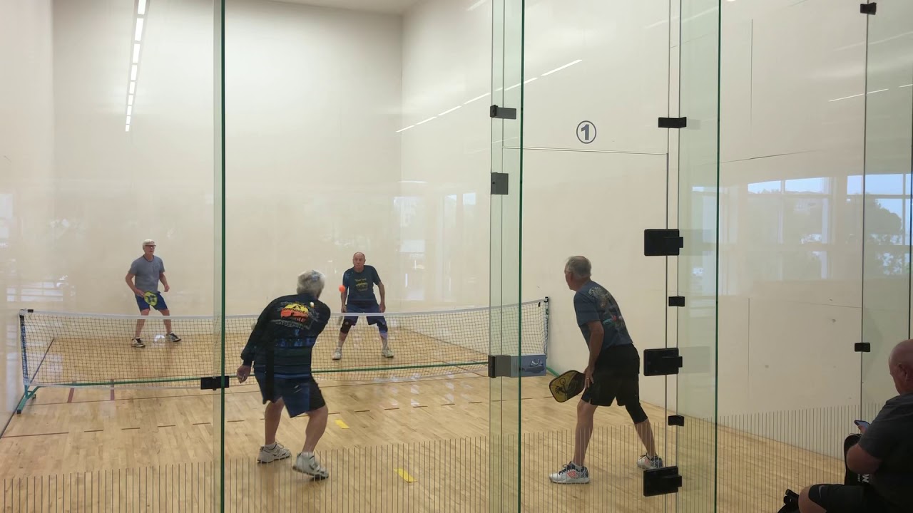 Pickleball on a four wall Racquetball court. A new game indoor Picklewall in Irvine CA in 2019