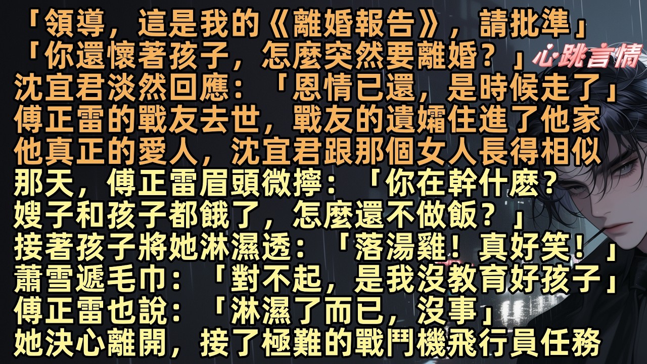 「領導，這是我的《離婚報告》，請批準」「你還懷著孩子，怎麼突然要離婚？」沈宜君淡然回應：「恩情已還，是時候走了」傅正雷的戰友去世，戰友的遺孀住進家，他真正的愛人，她決心離開，接了極難的戰鬥機飛行員任務