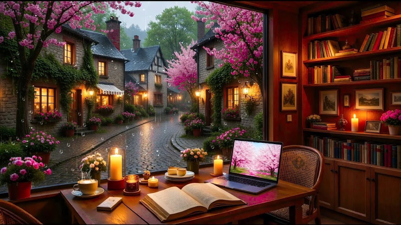 Relaxing Spring Rain Coffee Shop ☕ ~ Smooth Jazz Piano & Rain Sounds for Study, Work & Focus