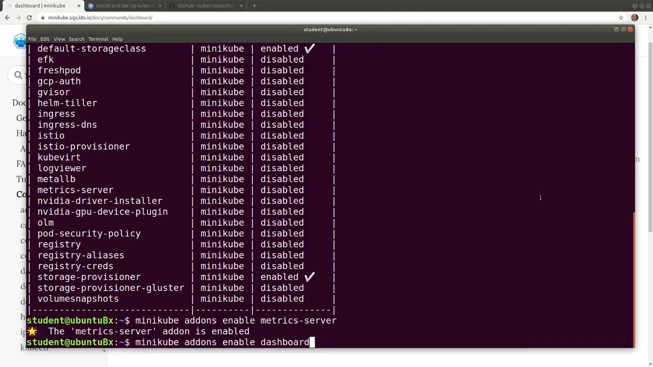 Enabling the Kubernetes Dashboard and the metrics-server