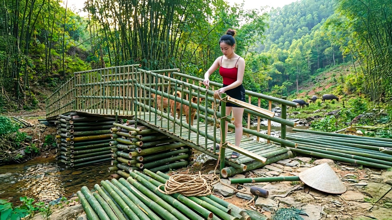 TIMELAPSE - How to Build a Bamboo Bridge with Stones | Complete Bridge Construction