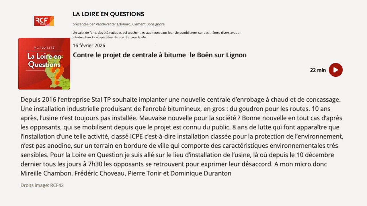 Contre le projet de centrale à bitume de Boën sur Lignon - RCF - 16 février 2026