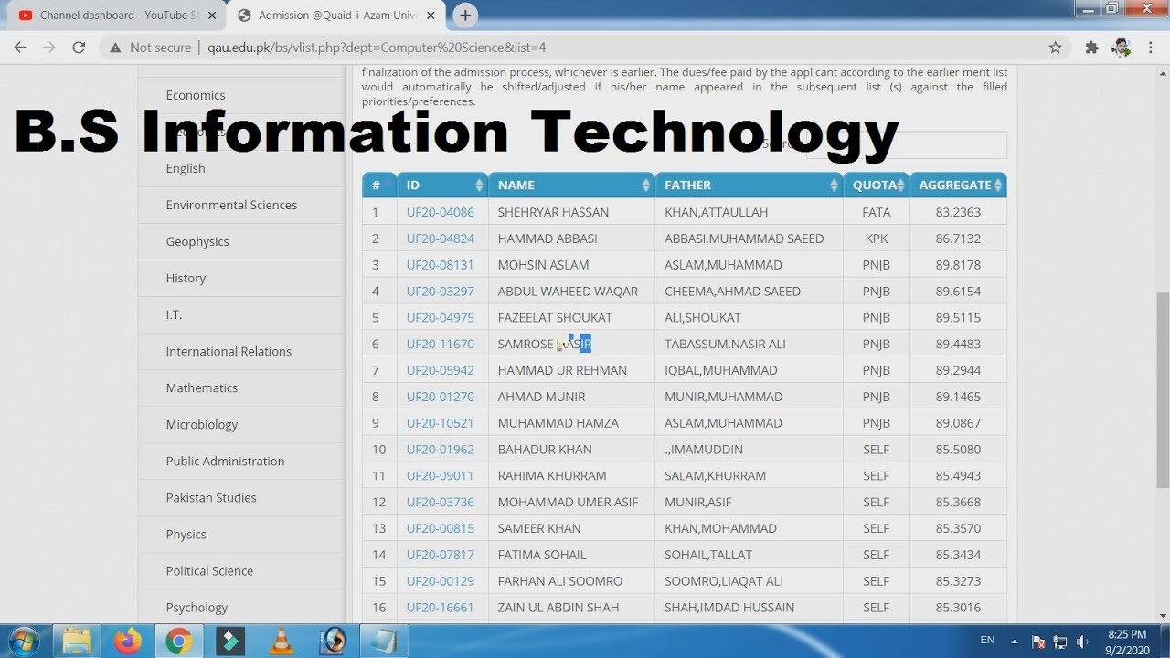 Quaid-e-Azam University | B.S I.T Fourth Merit List 2020