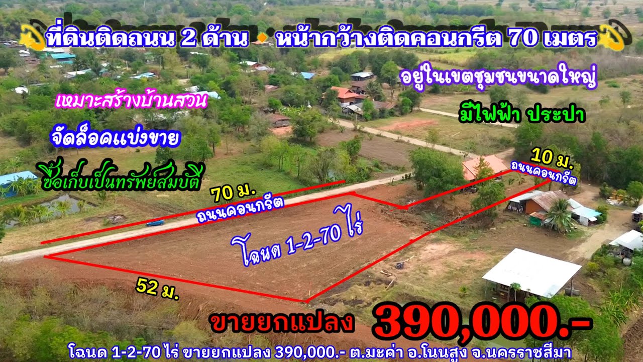 Ep.2562 ที่ดินติดถนน 2 ด้าน ในเขตชุมชน มีไฟฟ้า ประปา โฉนด 1-2-70 ไร่ ขายยกแปลง 390,000.- อ.โนนสูง 