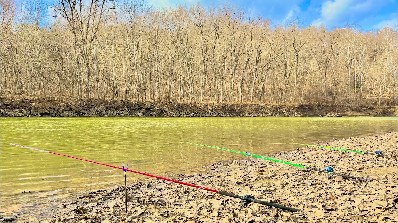 Bank Fishing A DEEP HOLE IN THE RIVER!! (Winter Fishing)