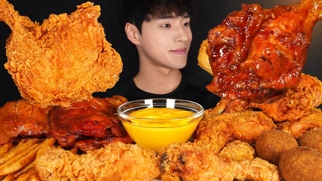 ASMR MUKBANG FRIED CHICKEN & BBQ CHICKEN & FRENCH FRIES & CHEESE BALLS