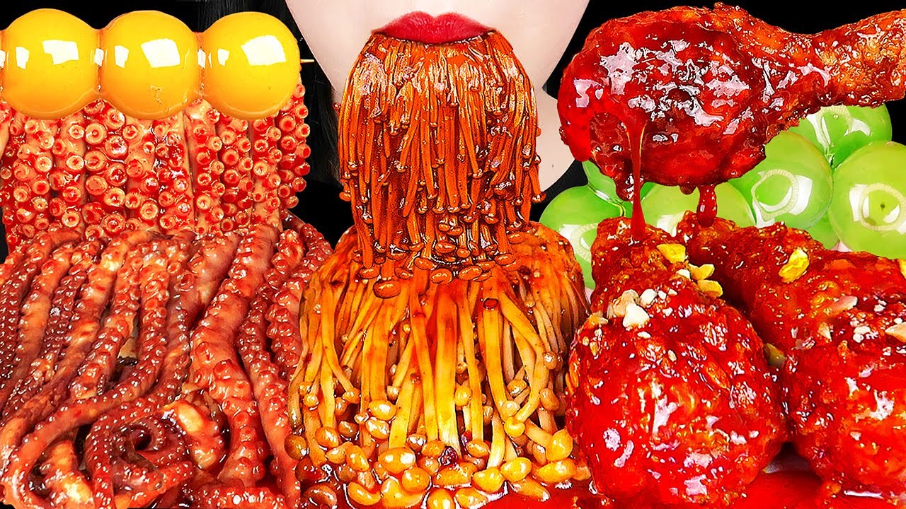 ASMR SPICY ENOKI MUSHROOMS, OCTOPUS, SPICY CHICKEN, TANGHULU 불닭 팽이버섯, 양념치킨, 낙지, 탕후루 먹방 EATING SOUNDS