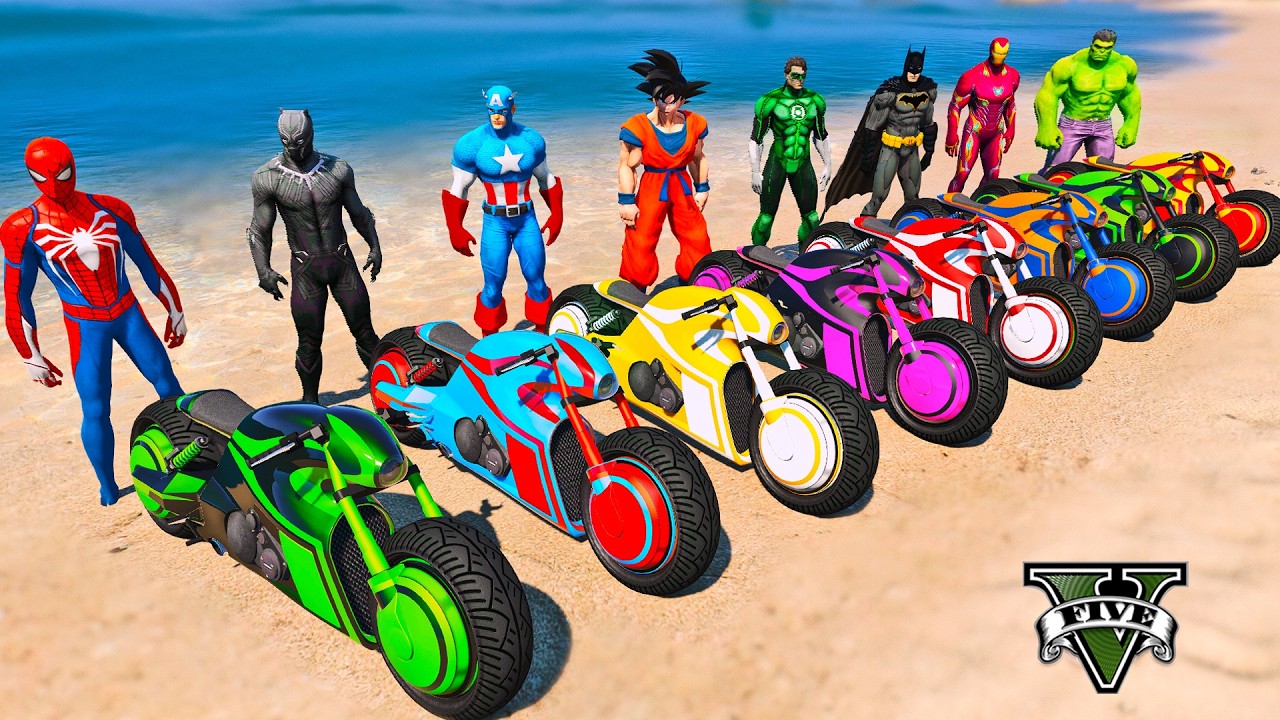 SPIDERMAN vs SUPERHEROES MOTORBIKES RACING CHALLENGE on MEGA SKY AIRPORT RAMP,RACE CARS JUMP - GTA 5