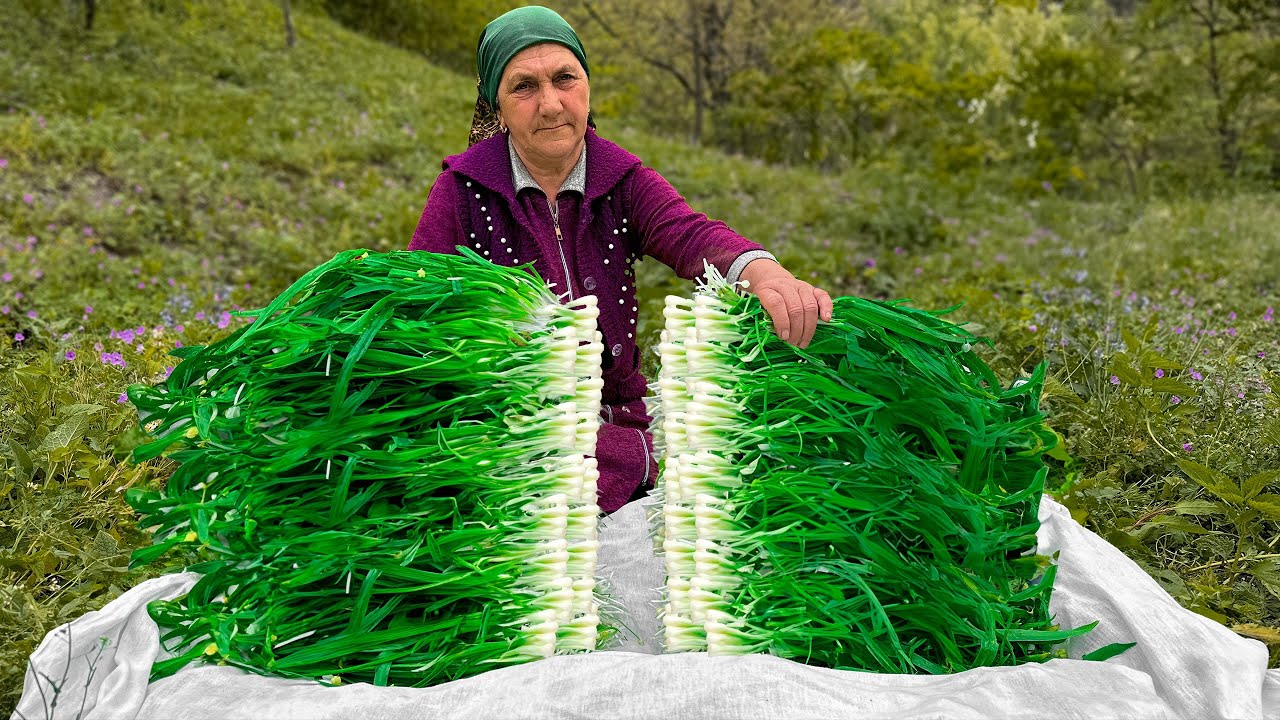 Grandma Cooking Kutabs from Wild Onions By Rustic Recipe! Family from The Village