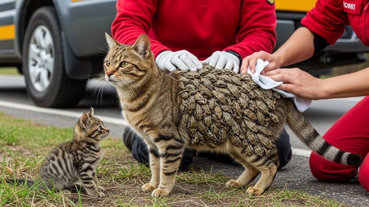 Brave Mother Cat Protects Her Baby During a Roadside Rescue | Heartwarming Animal Story