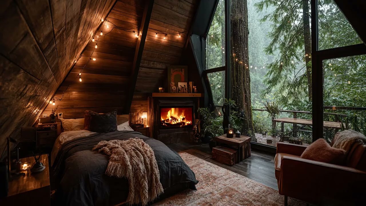 Fireplace & Gentle Rain Sounds 🌧️ Deep Sleep Atmosphere