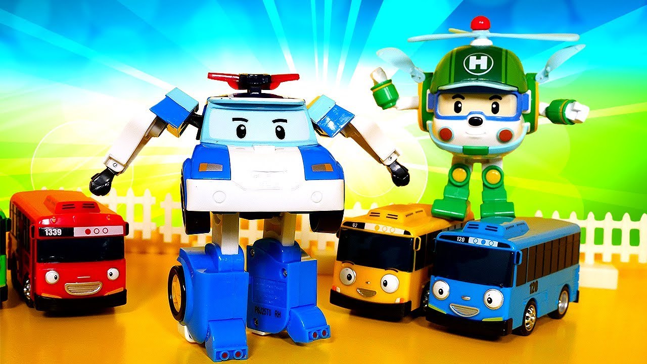 Video e giochi per bambini. Le macchinine di servizio. Il piccolo bus Tayo e Robocars